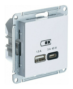 Розетка USB+USB type C Systeme Electric ATLASDESIGN, скрытый монтаж, белый, ATN000129